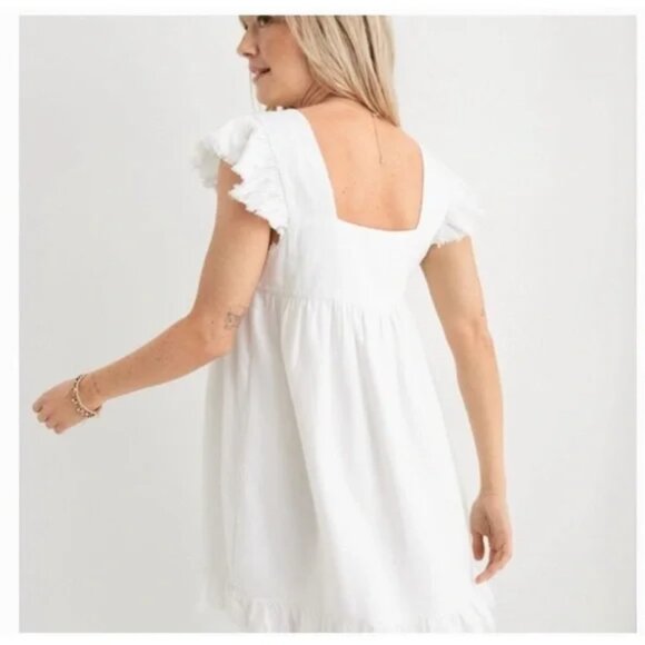 Aerie Linen Lyocell Soft Flutter Mini Babydoll Dress White Size Small - Picture 2 of 8